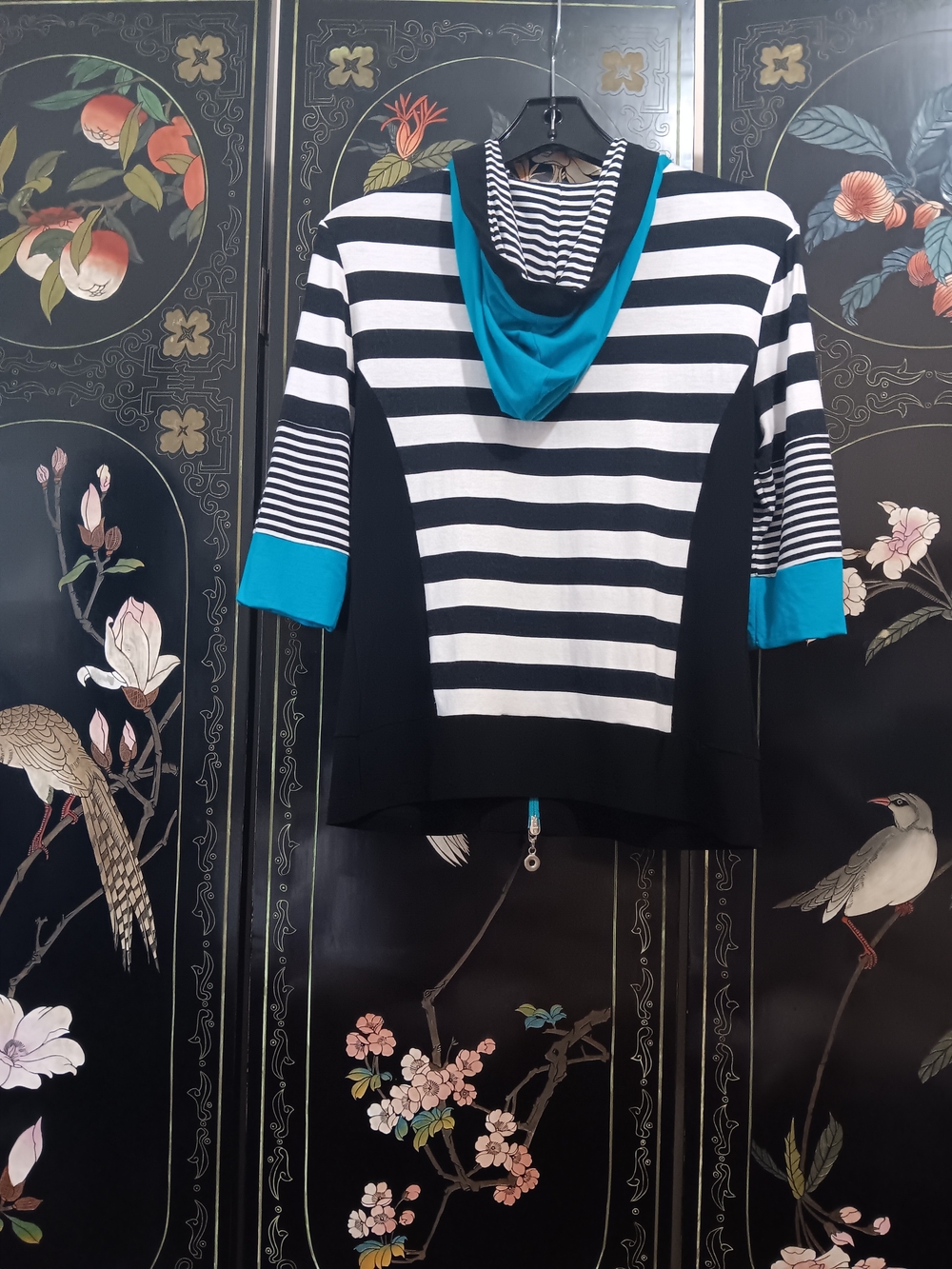 Joseph Ribkoff Striped Zip Hoodie with Teal Accents - Picture 3 of 5